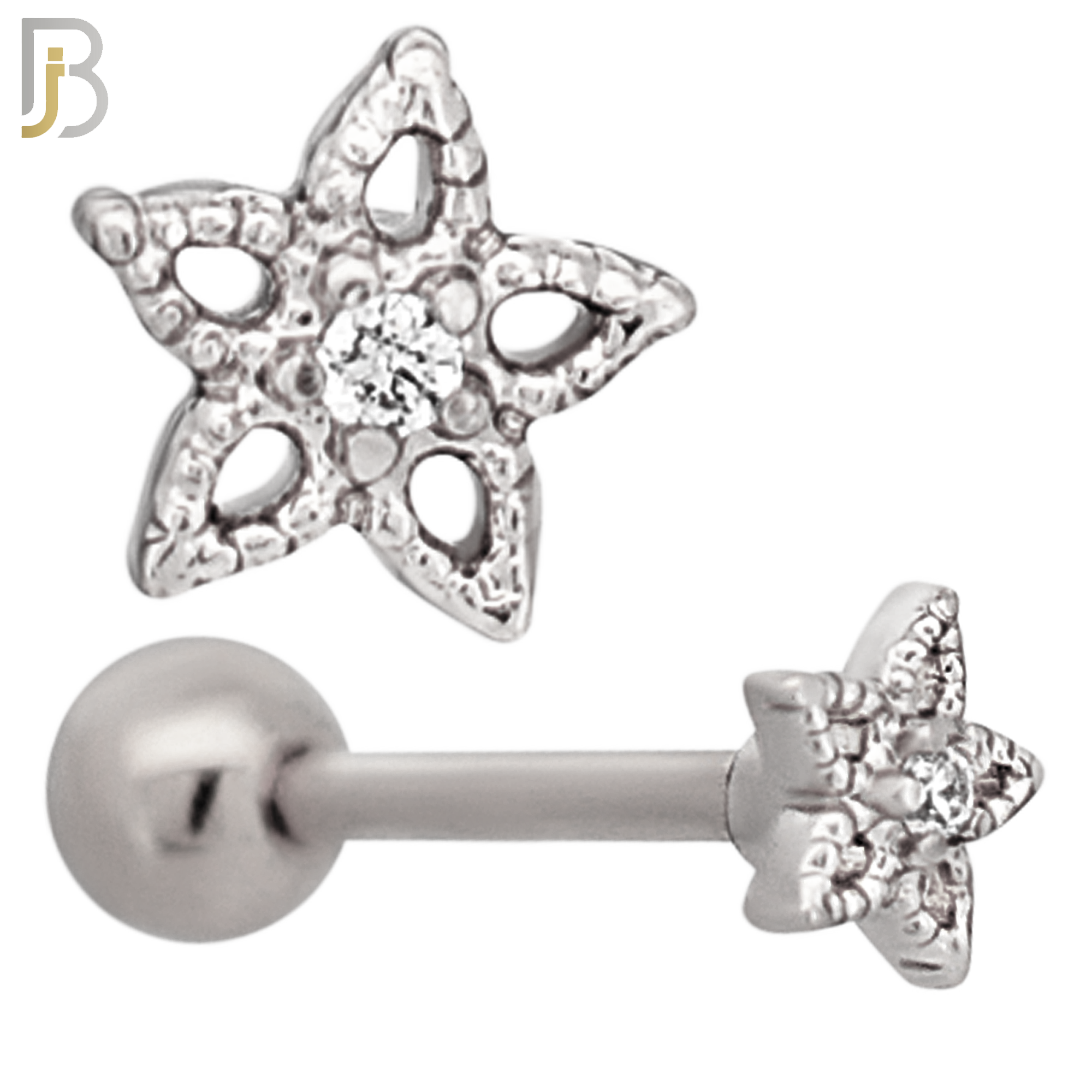 TB77 - 316L Stainless Steel Hollow Star with Center CZ Tragus/Cartilage Barbell (PACK OF 6) image 1