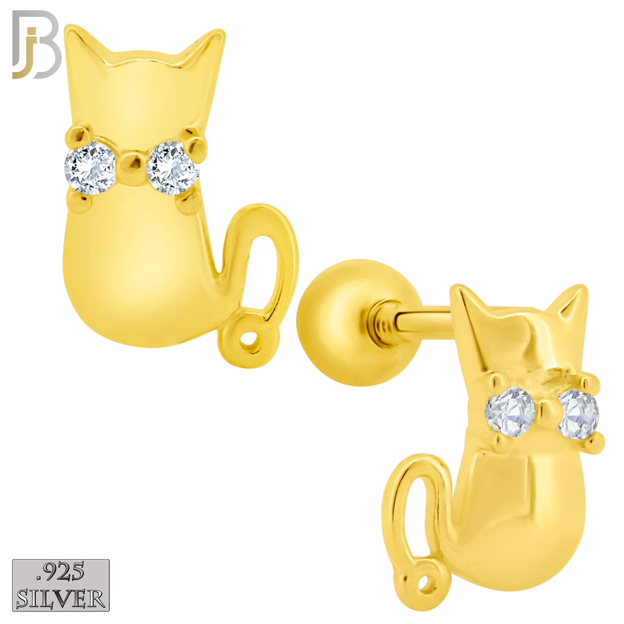925-ES202 - Screw Ball Back - .925 Sterling Silver Cat Design Earring Stud with Clear Zircon image 2