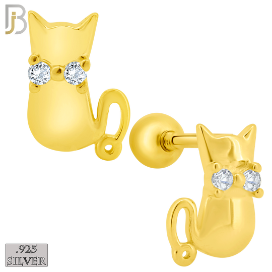 925-ES202 - Screw Ball Back - .925 Sterling Silver Cat Design Earring Stud with Clear Zircon image 2
