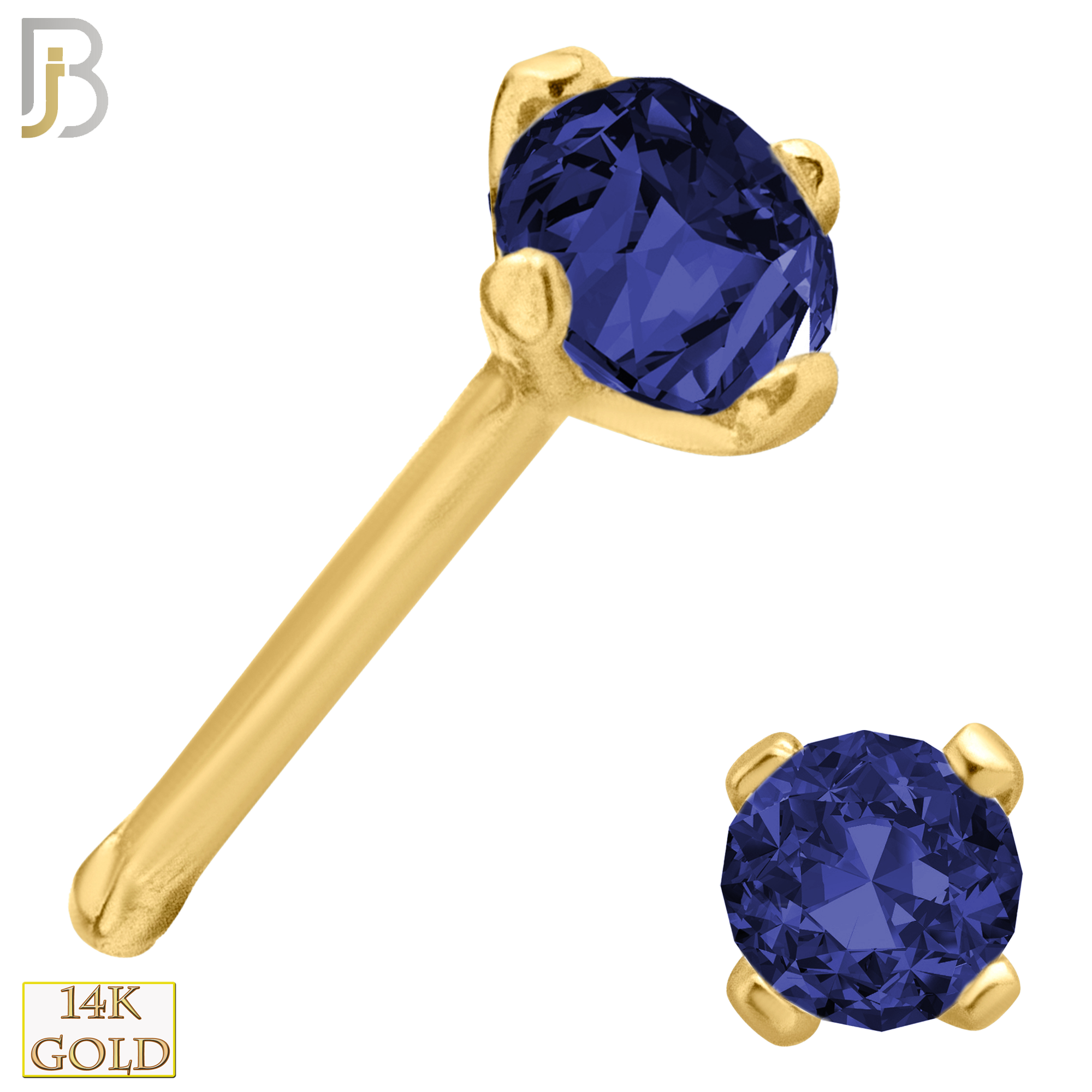 14-NR01CYS - 20g 14k Yellow Gold Nose Bone with Blue Sapphire Colored CZ - 2mm image