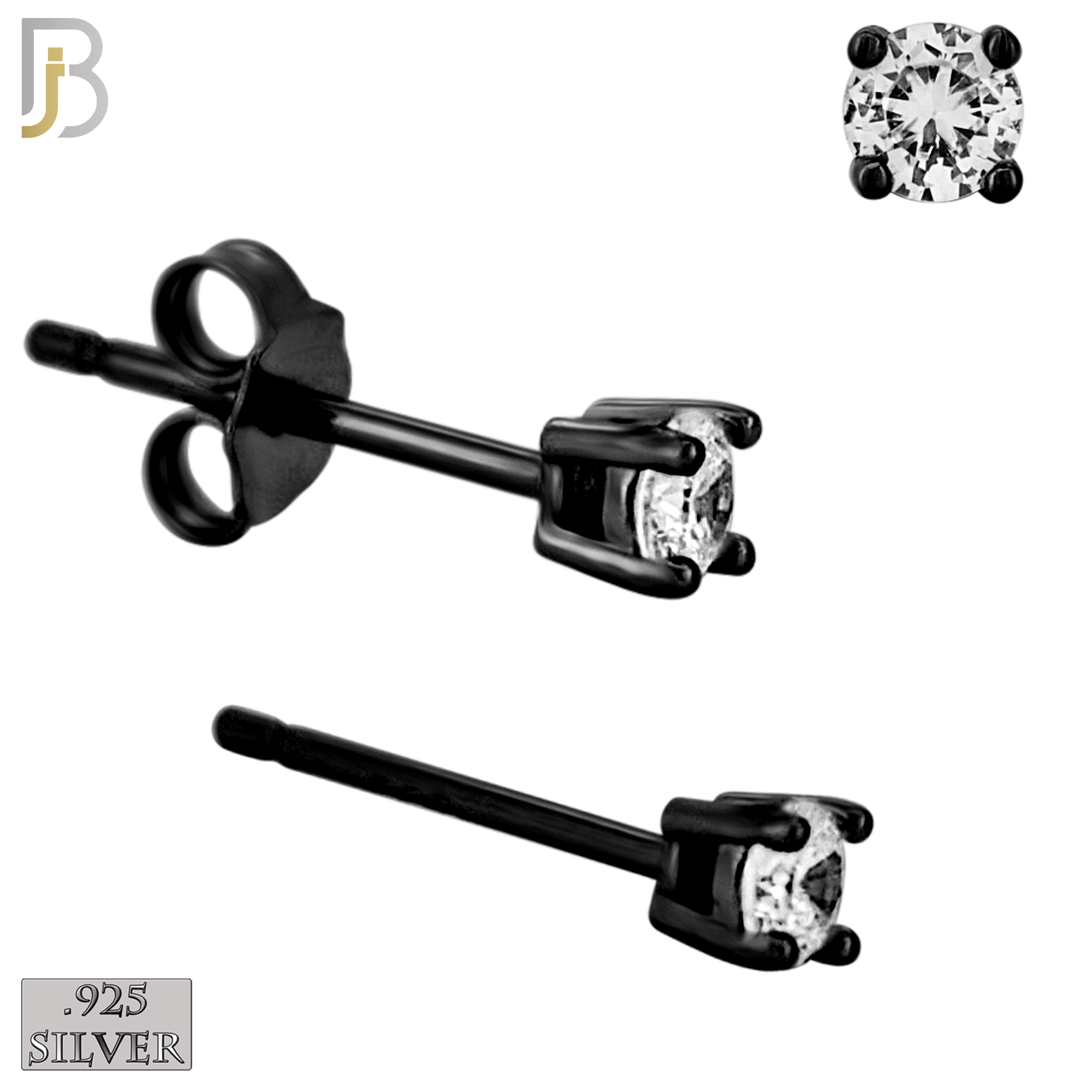 925-ES71-KC - .925 Sterling Silver Black Plated Earring Stud Casting Round Prong Setting Clear Zircon image 2