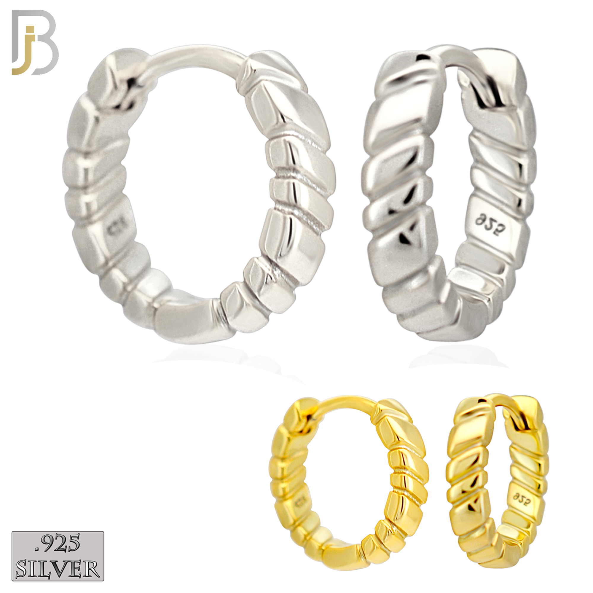 925-ES455 - 925 Sterling Silver Plain Carved Lines Edge Huggies Hoop Earrings image 0