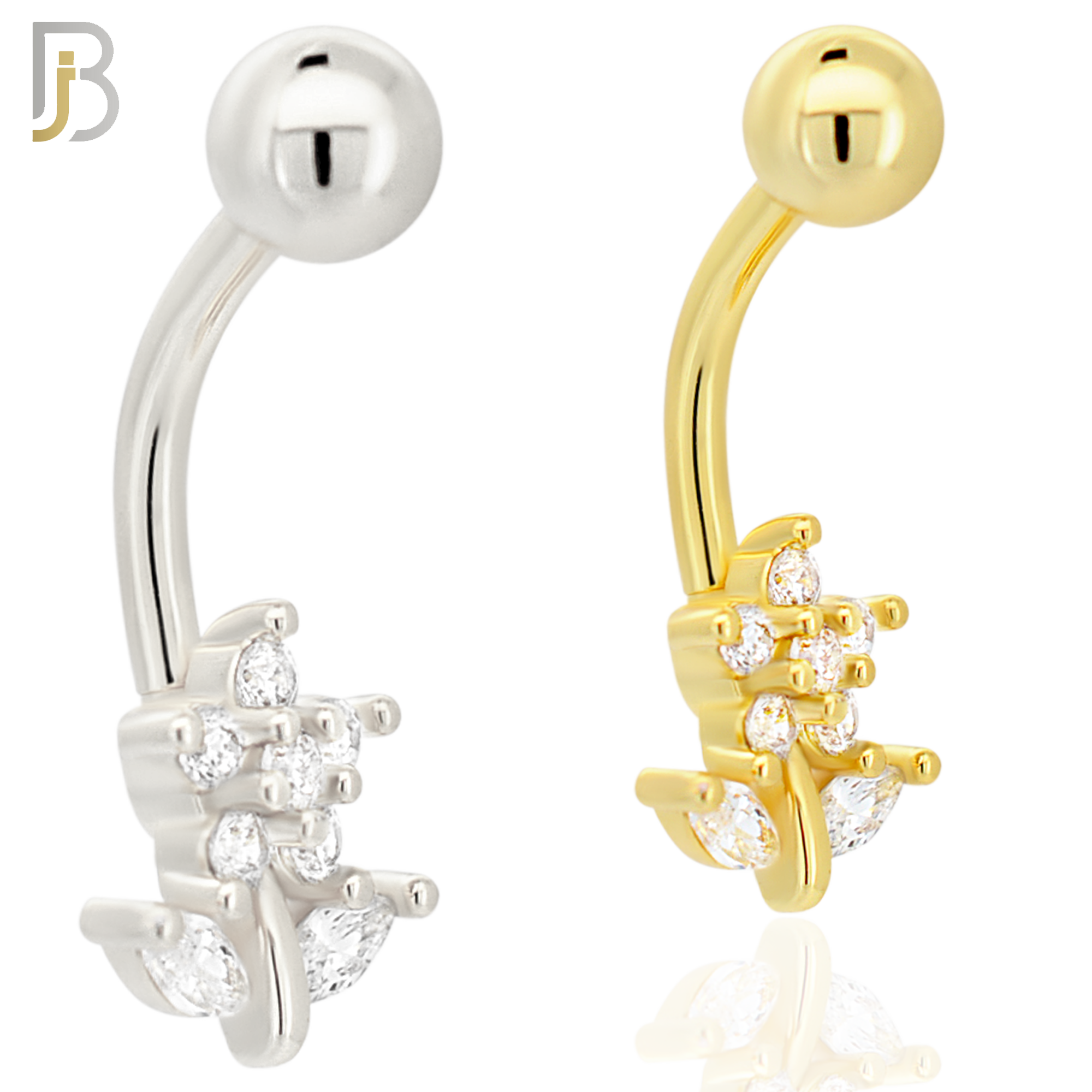 NB97 - 316L Stainless Steel Flower and Leaves with Multi CZ Banana Belly Ring image 0
