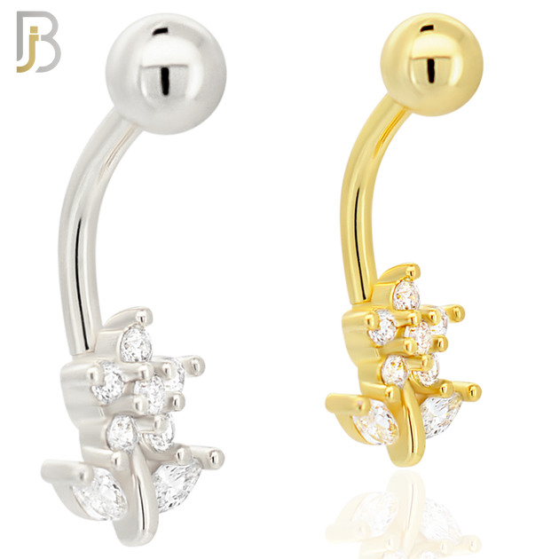 NB97 - 316L Stainless Steel Flower and Leaves with Multi CZ Banana Belly Ring image 0