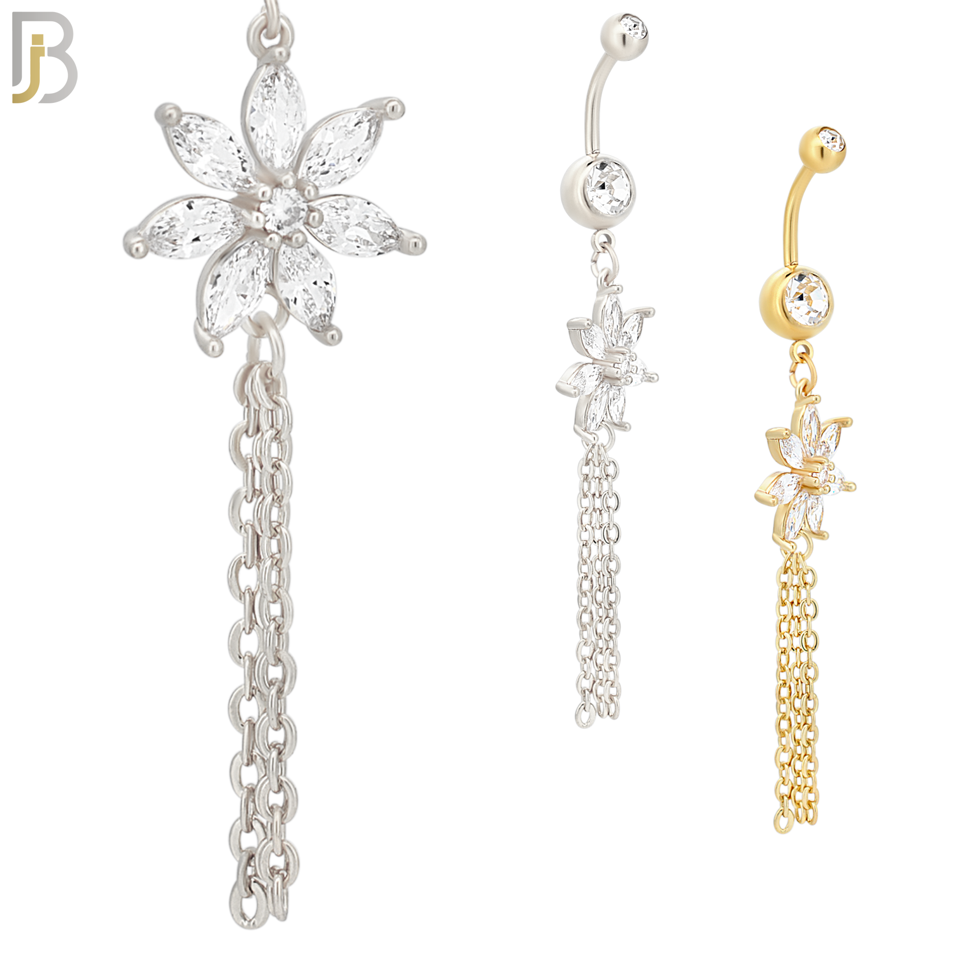 N065 - 316L Stainless Steel Dangling Flower with Chain Design Belly Ring with 5mm Screw Ball image 0