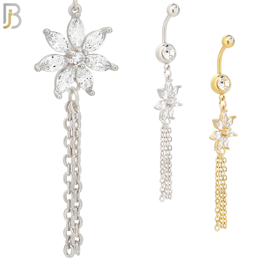 N065 - 316L Stainless Steel Dangling Flower with Chain Design Belly Ring with 5mm Screw Ball image 0