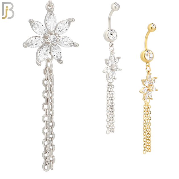 N065 - 316L Stainless Steel Dangling Flower with Chain Design Belly Ring with 5mm Screw Ball image 0