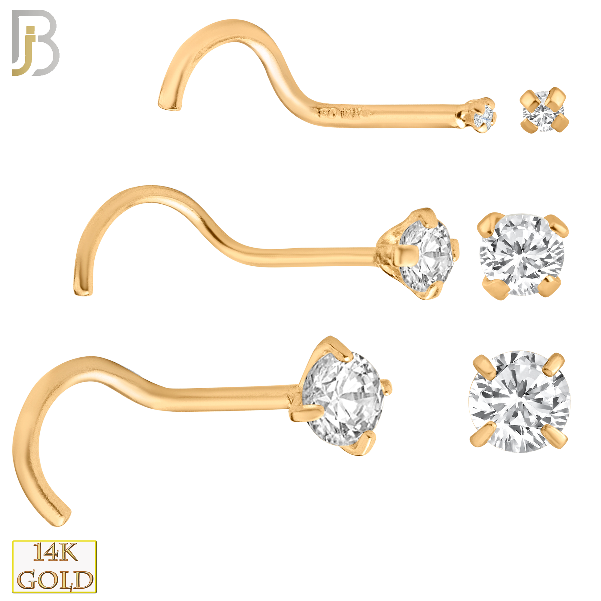 14-NR03CR-20 - 20g Thickness 14k Solid Rose Gold Prong Setting  Round Cubic Zircona Nose Screw, Cork Screw image 0