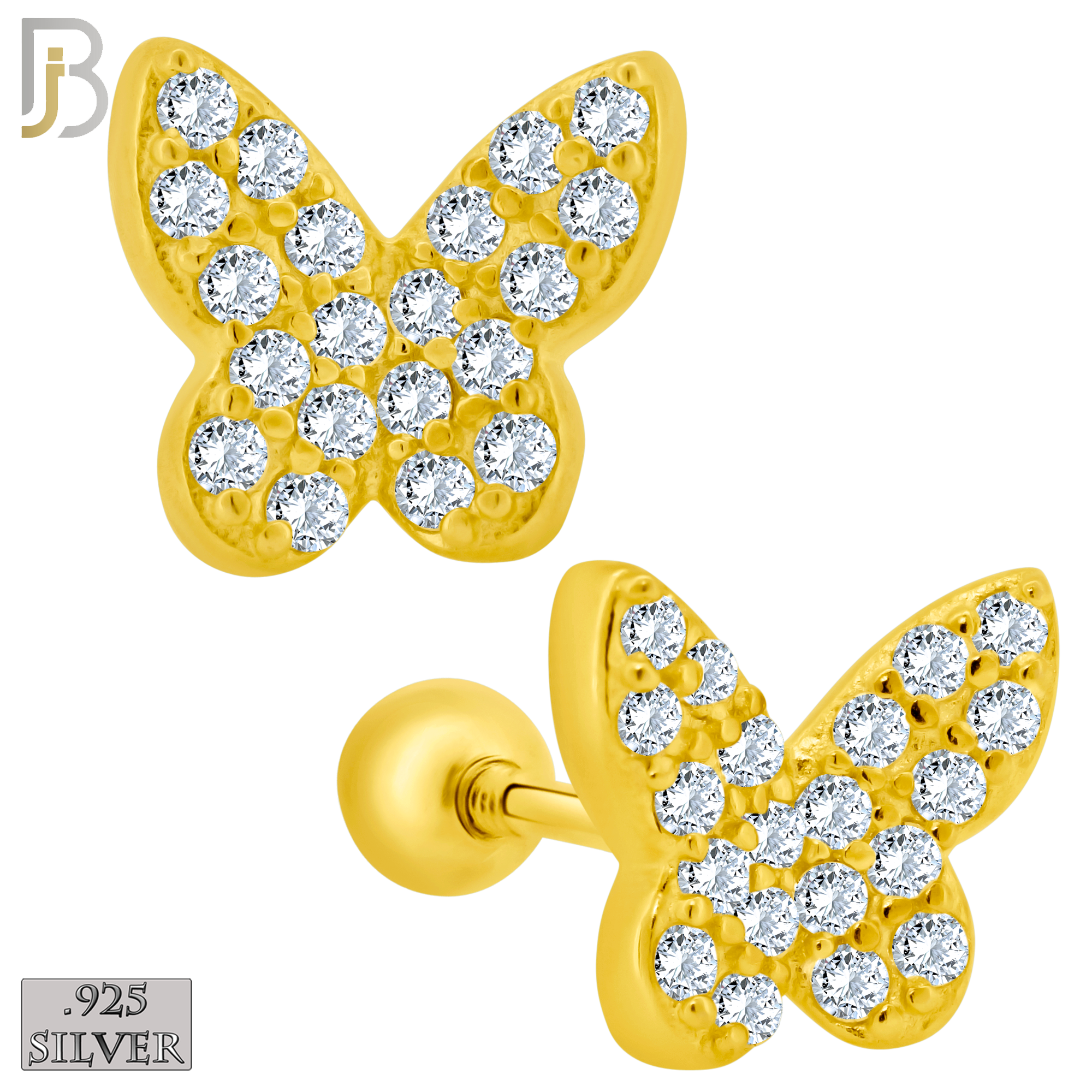 925-ES316 - Screw Ball Back - .925 Sterling Silver Butterfly with Multi CZ Stud Earrings image 2