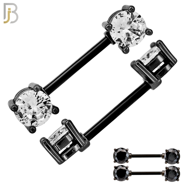 NP02K - 316L Surgical Steel Black Plated Screw Prong Round Zircon Nipple Ring Piercing image 0