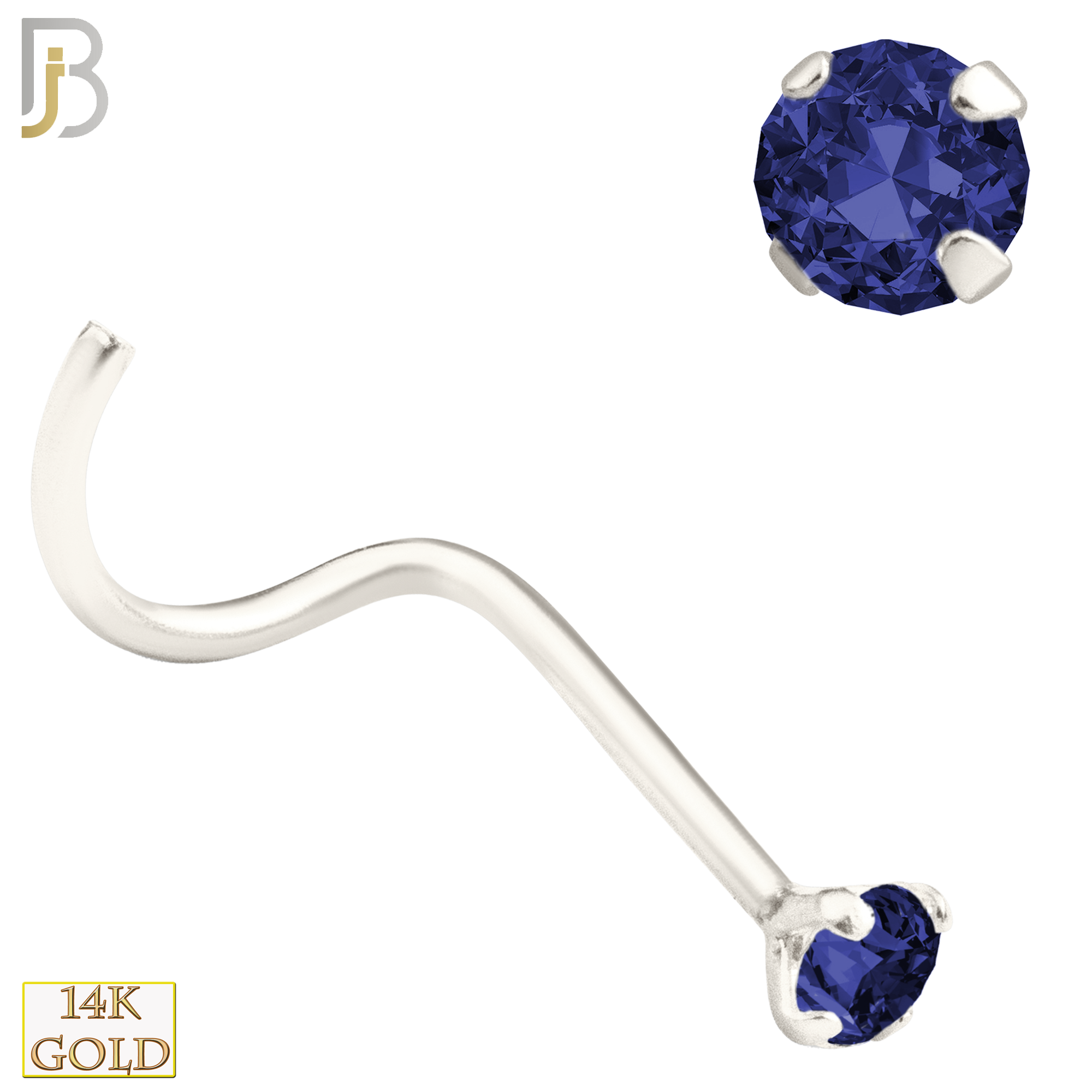 14-NR03CWS - 20g 14k White Gold Nose Screw with Blue Sapphire Colored CZ image 2