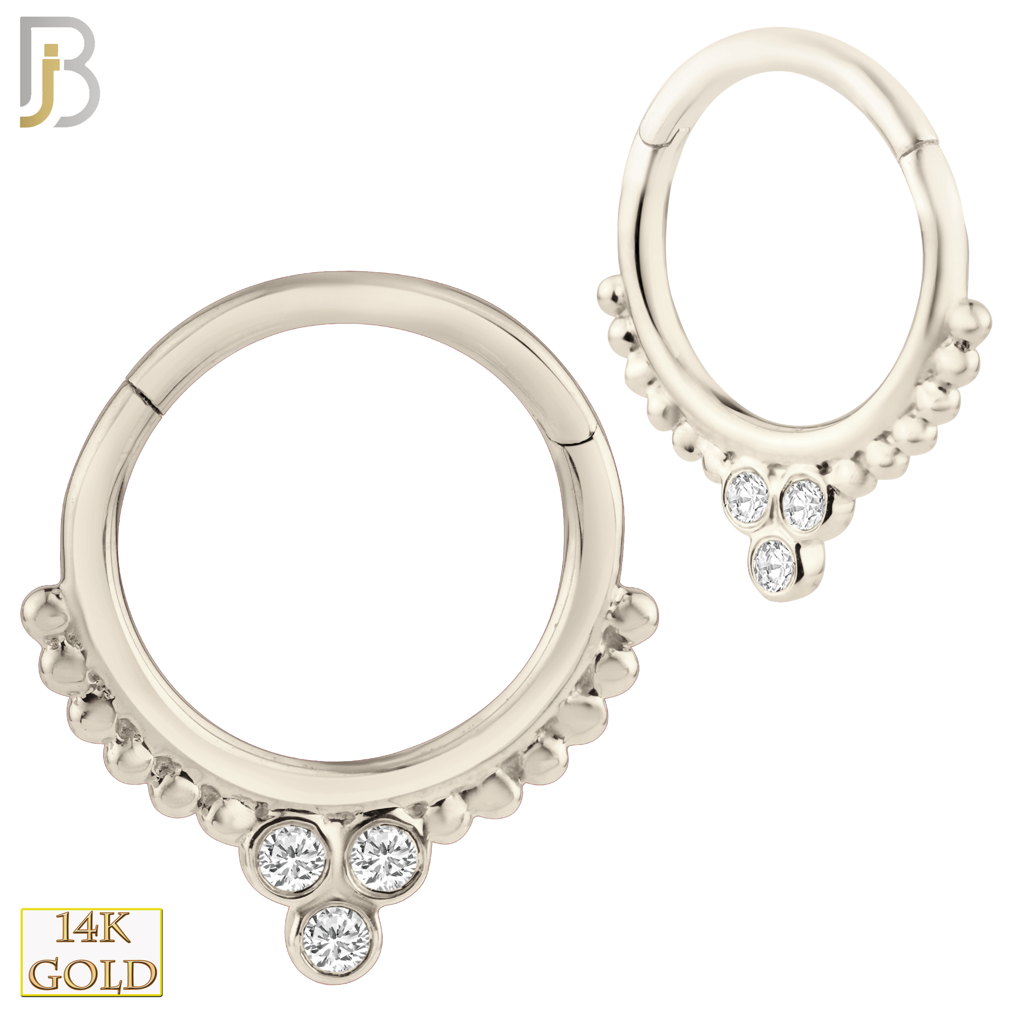 14-CT56 - 14K Solid Gold Hinged Hoops with Beaded Design with Zircon image 1