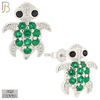 925-ES195 - Push Back - .925 Sterling Silver Turtle Design Earring Stud with Green Zircon image 1