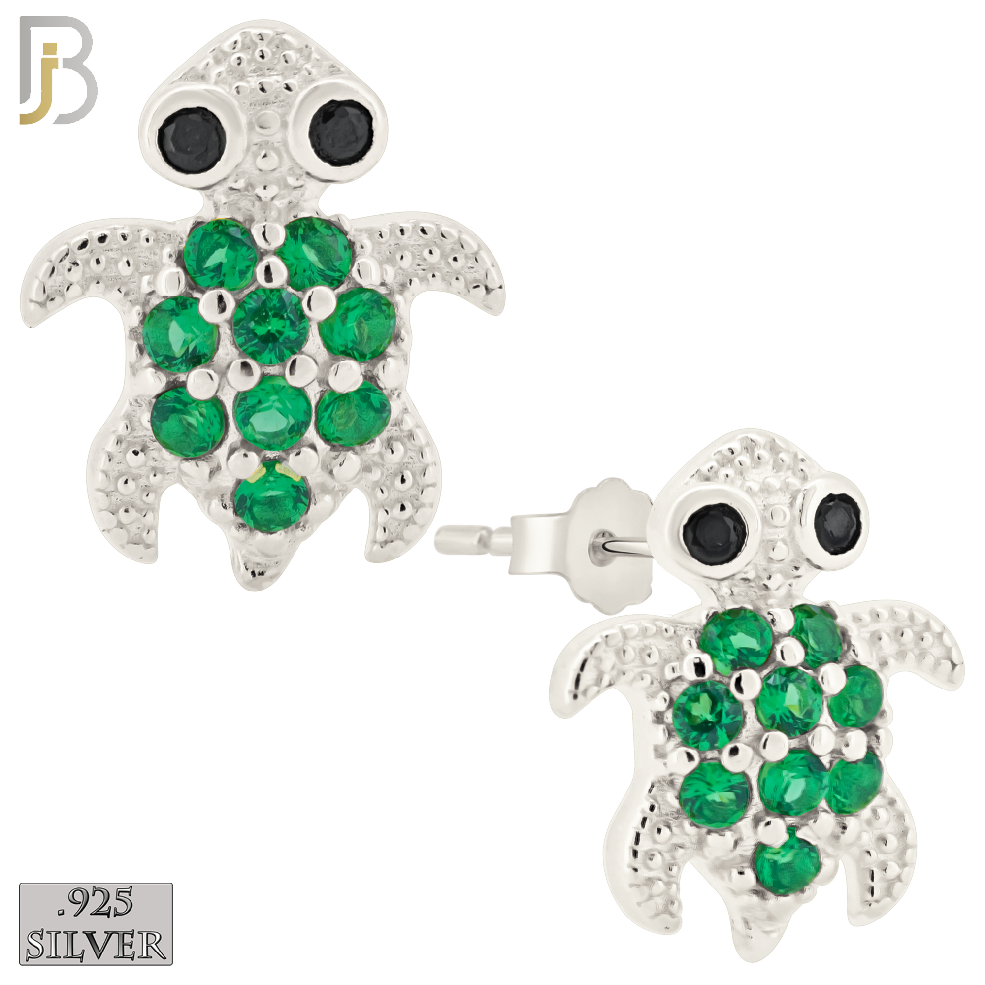 925-ES195 - Push Back - .925 Sterling Silver Turtle Design Earring Stud with Green Zircon image 1