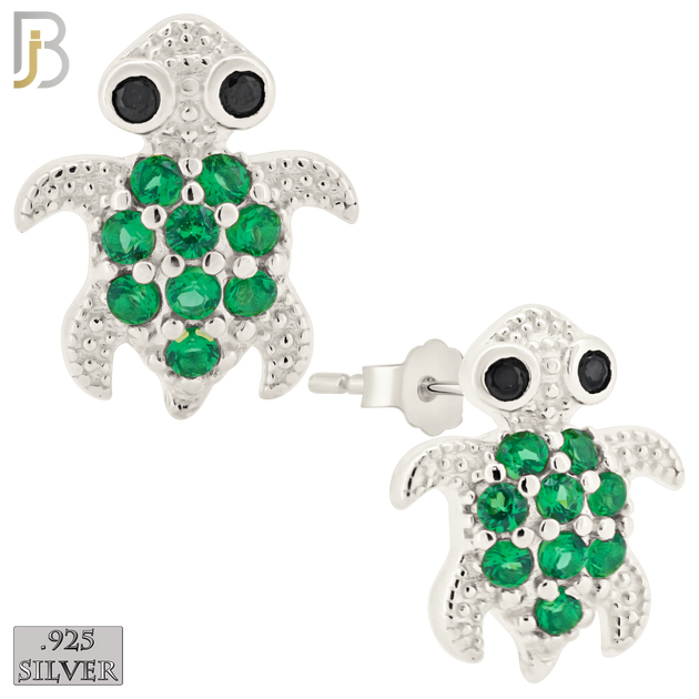 925-ES195 - Push Back - .925 Sterling Silver Turtle Design Earring Stud with Green Zircon image 1