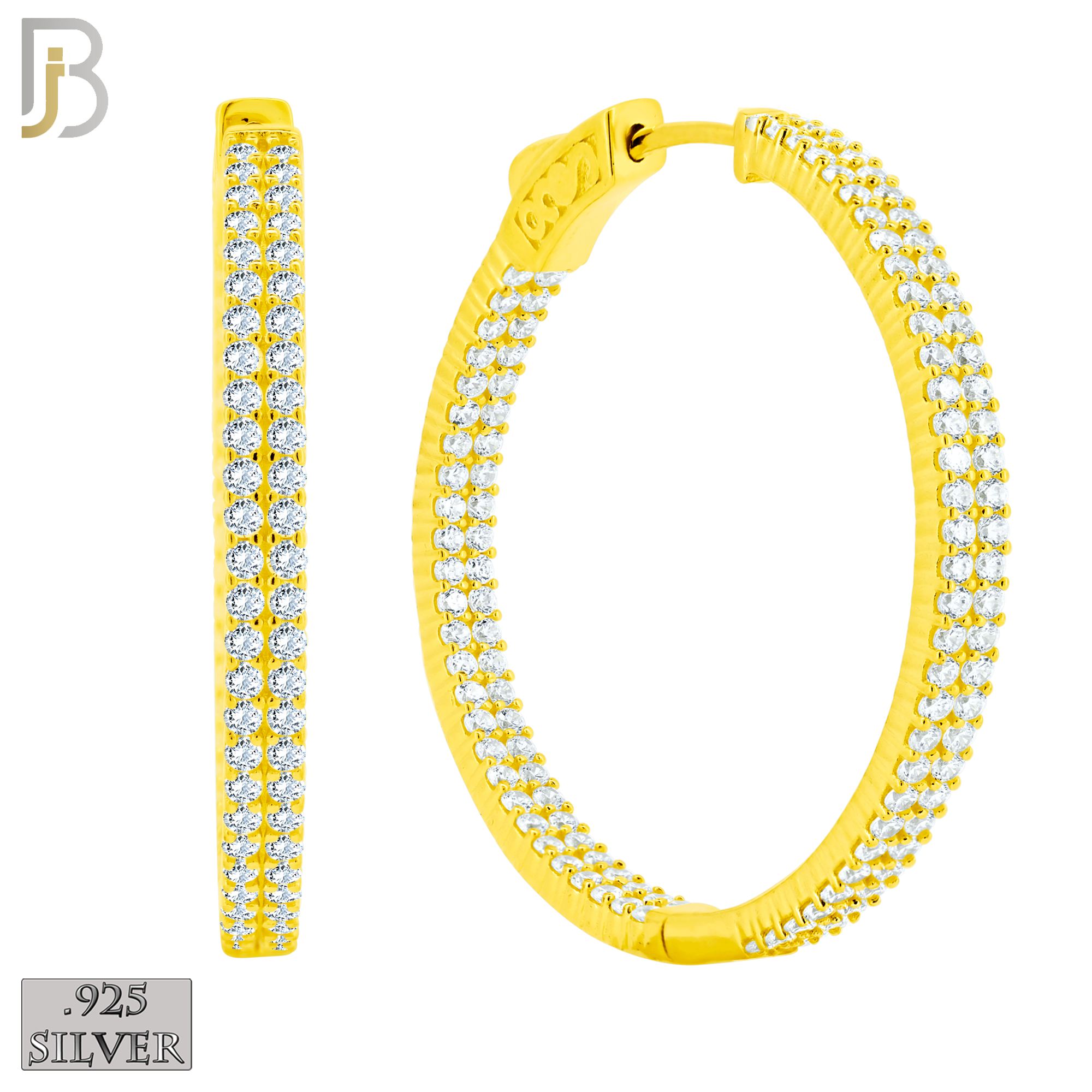 925-ES250 - .925 Sterling Silver Latch Back Hoop Earrings With Two Rows of Zircon image 3