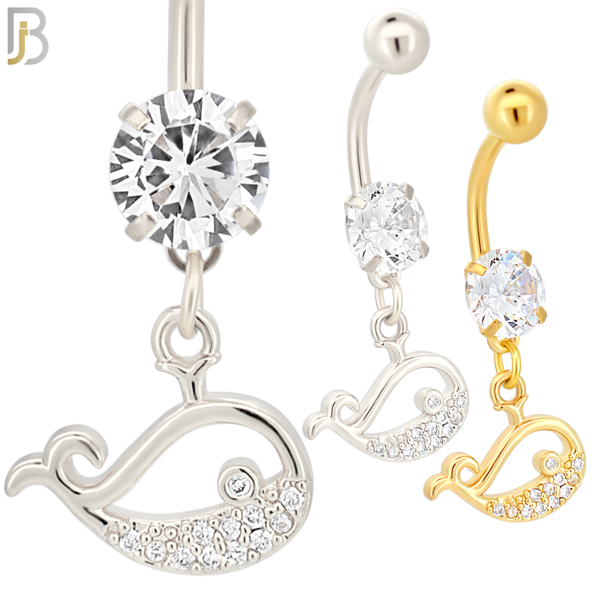 N087  - 316L Stainless Steel Dangling Blue Whale with CZ Belly Ring image 0