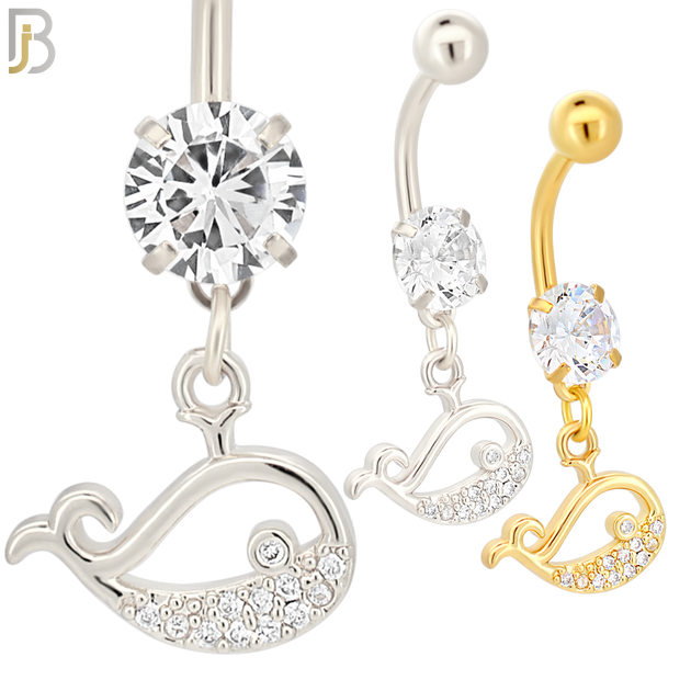 N087  - 316L Stainless Steel Dangling Blue Whale with CZ Belly Ring image 0