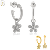 925-ES272- .925 Sterling Silver Half Hoops with Dangling Flower with Zircon Design Earrings Stud image 0