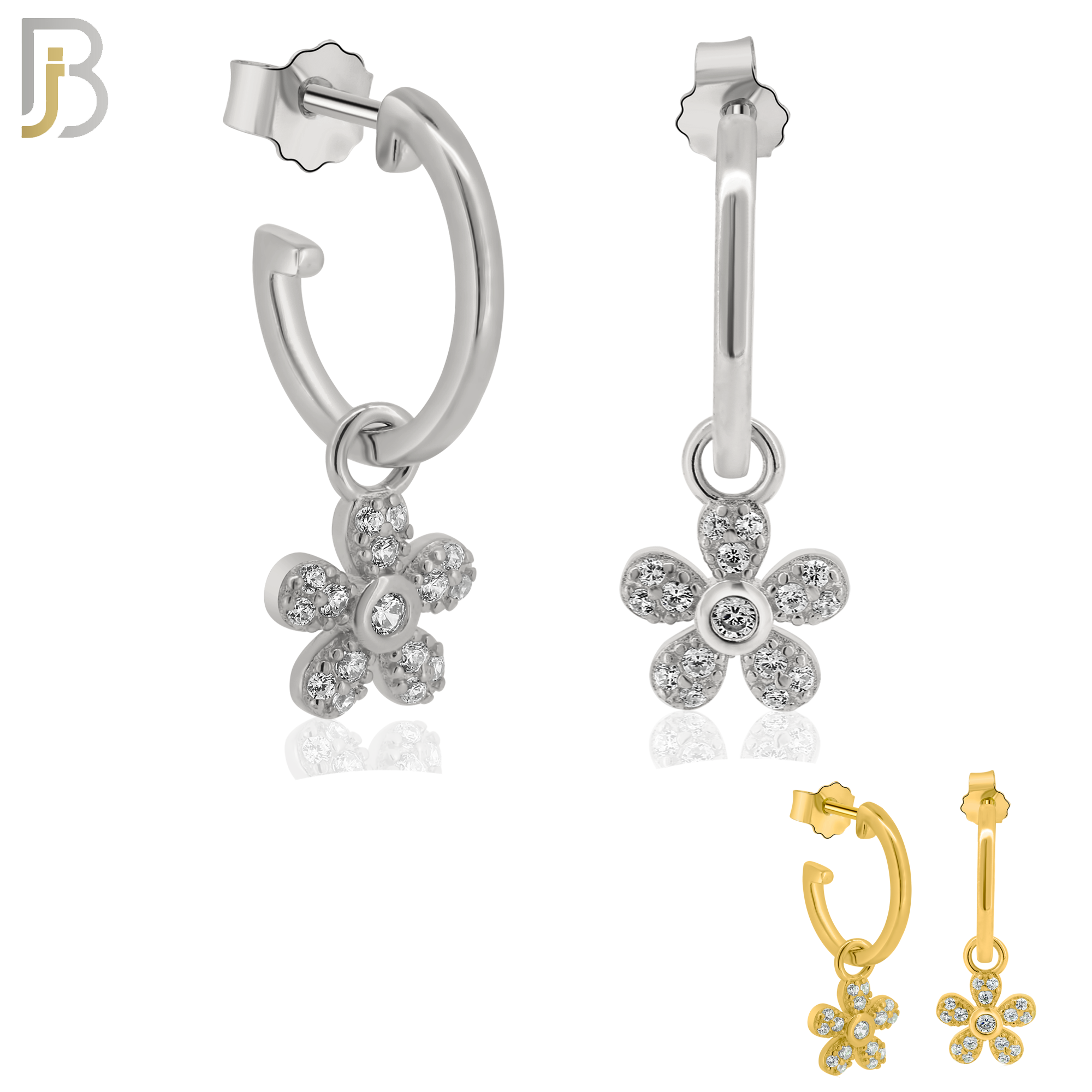 925-ES272- .925 Sterling Silver Half Hoops with Dangling Flower with Zircon Design Earrings Stud image 0