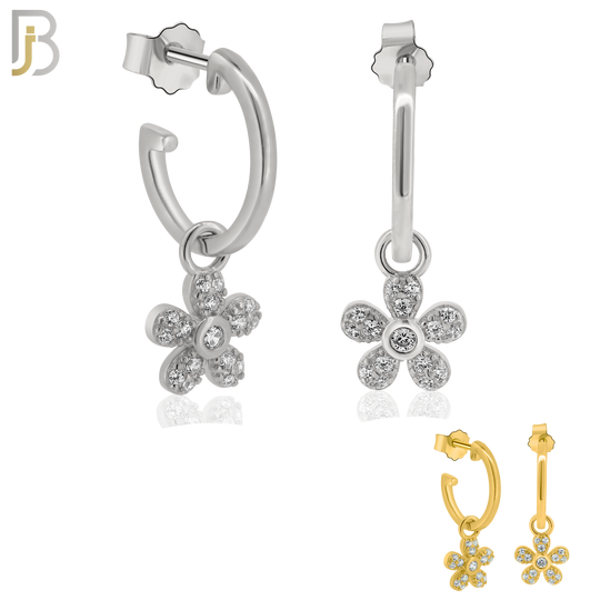 925-ES272- .925 Sterling Silver Half Hoops with Dangling Flower with Zircon Design Earrings Stud image 0
