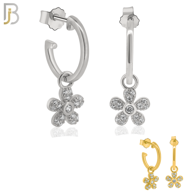 925-ES272- .925 Sterling Silver Half Hoops with Dangling Flower with Zircon Design Earrings Stud image 0