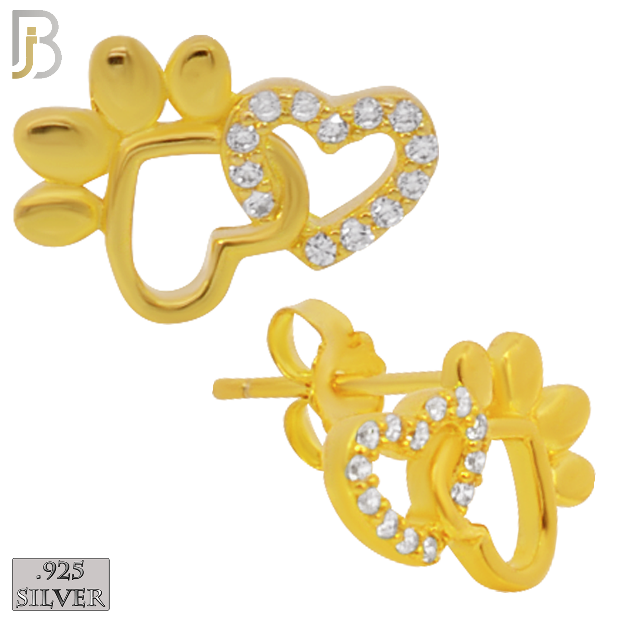 925-ES216 – .925 Sterling Silver Linking Heart Shaped Paw and Heart with Zircon Design Earring Stud image 2