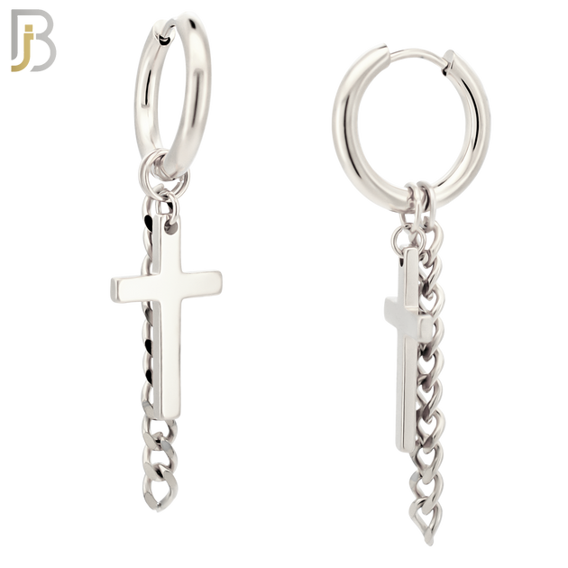 ES46 - 316L Stainless Steel Dangling Cross with Chain Design Huggies Clip On image 1