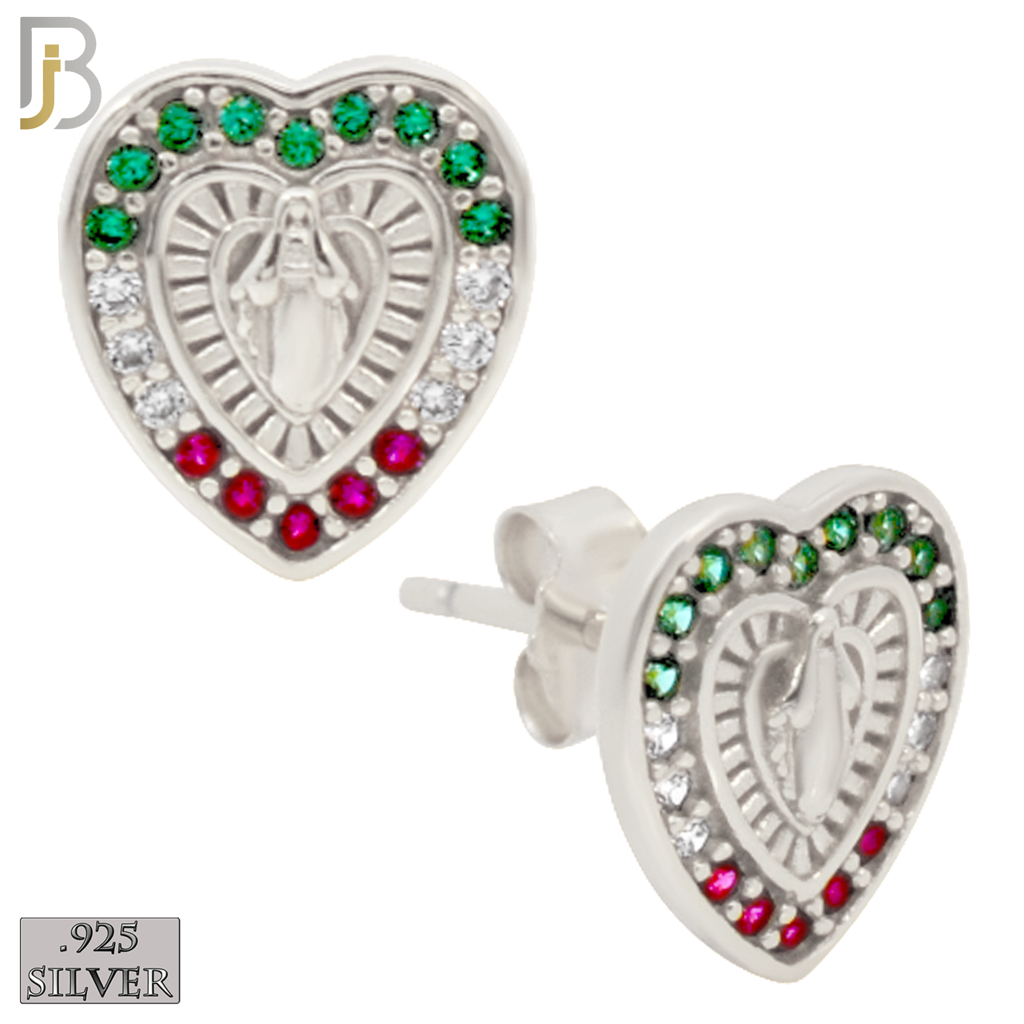 925-ES435 - 925 Sterling Silver Virgin Mary Religious Heart Shape Earring with Multi Colored Zircon - Push Back image 0