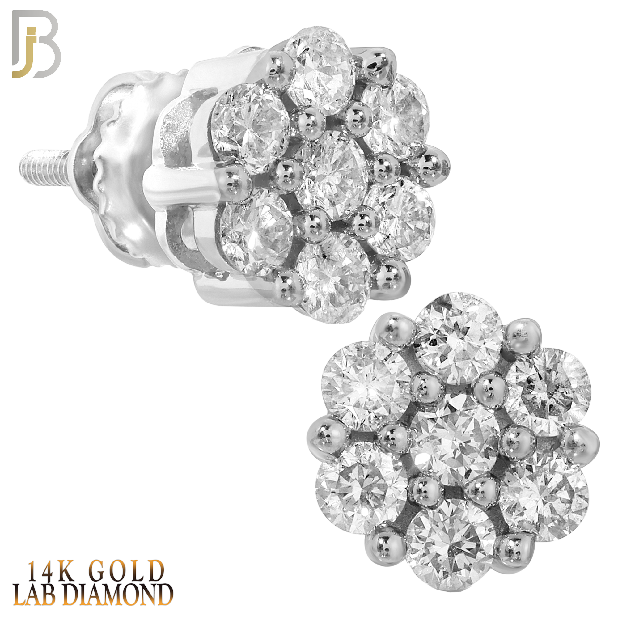 14-ES103LW - 14K White Gold Screw Back Round Flower Design Stud Earrings with LAB Diamonds image 0