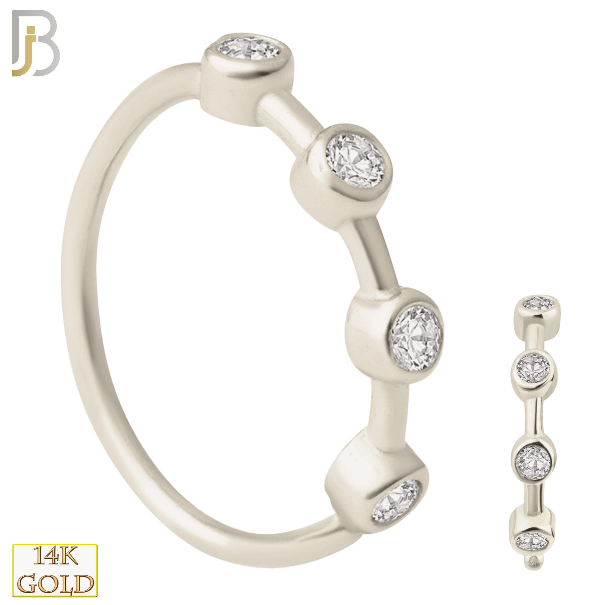 14-CT34C - 14k Solid Gold Four Zircon in Bezel Setting Hoop Piercing image 1