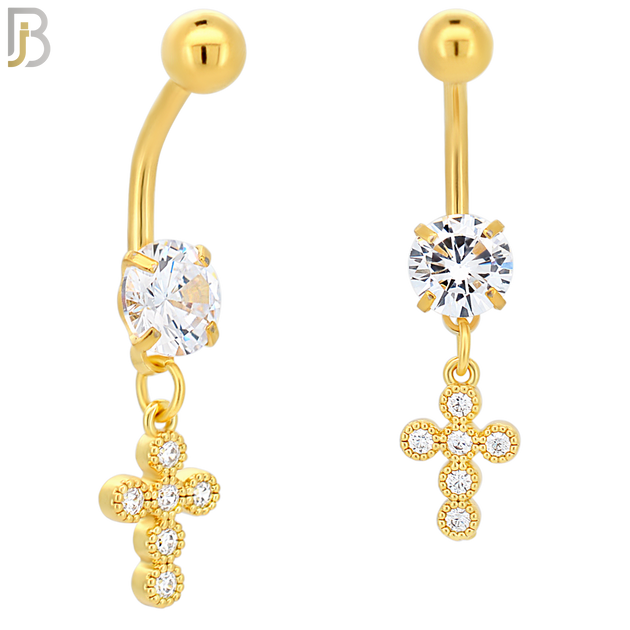 N047 - 316L Stainless Steel Dangling Cross Bezel with Zircon Design Belly Ring with 5mm Screw Ball image 2
