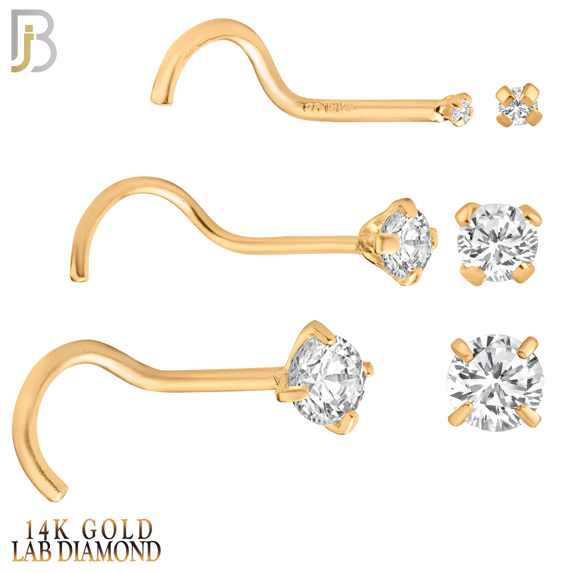 14-NR03L - 14k Solid  Gold Prong Setting  Round Lab Diamond Nose Screw, Cork Screw image 2