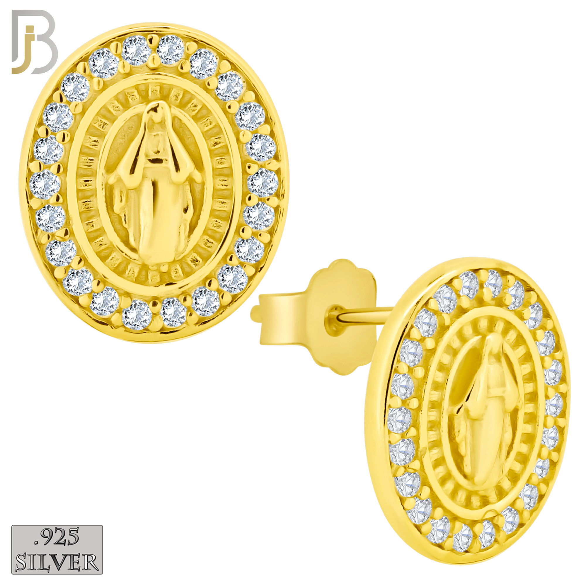 925-ES267 - .925 Sterling Silver Oval Shape Virgin Mary with Clear Zircon Design Earrings Stud image 2
