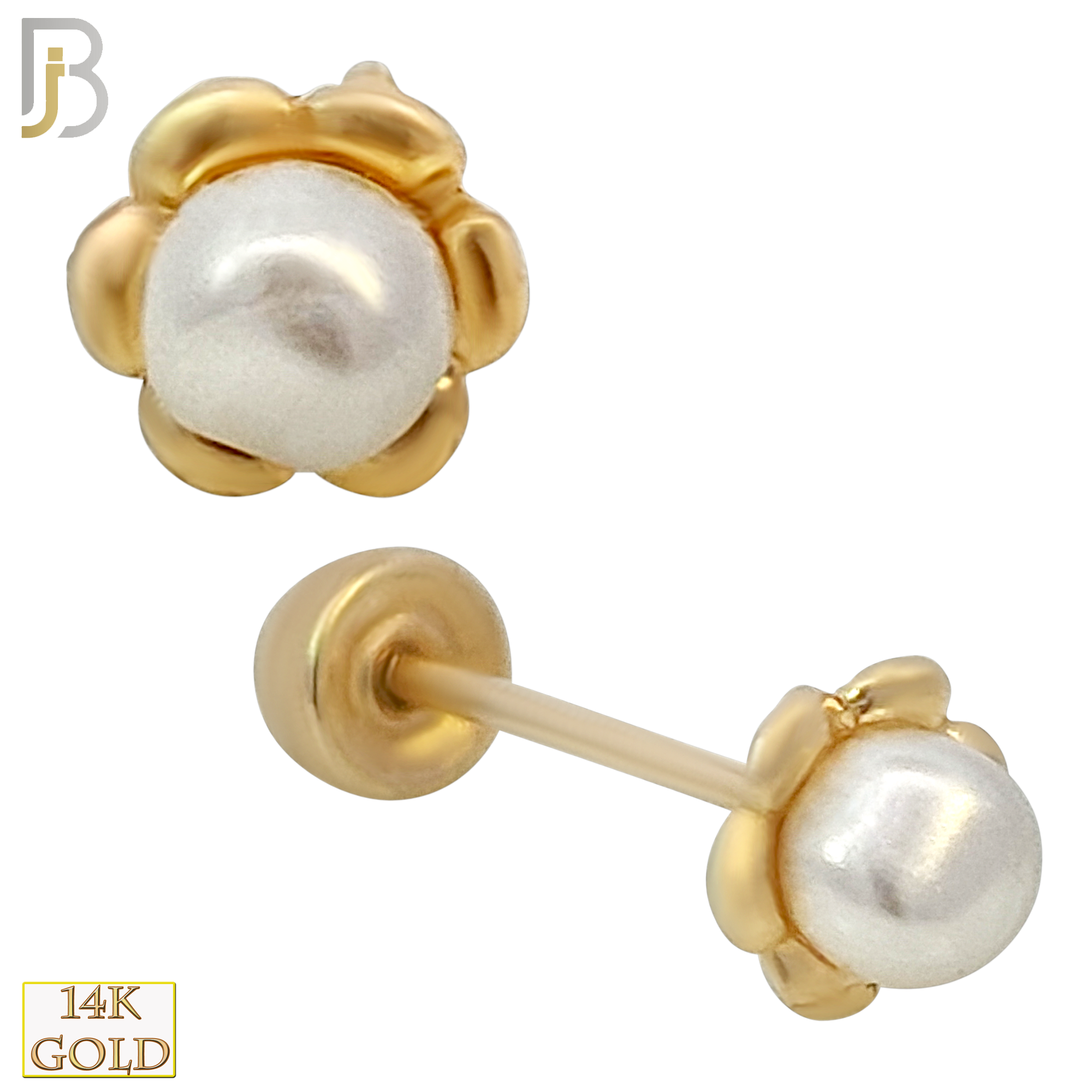 14k Solid Gold Pearl Flower Stud Earrings - Screw Back image 0