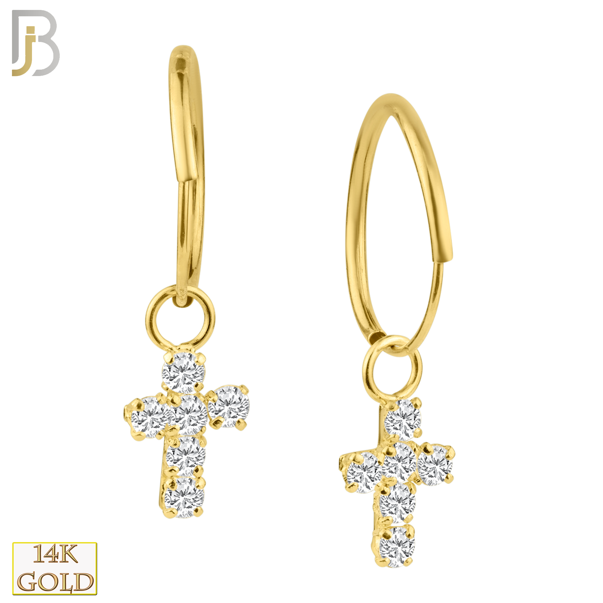 14-ES34 - 14k Solid Gold Dangling Cross with CZ Stones Hoop Earrings - Yellow Gold image