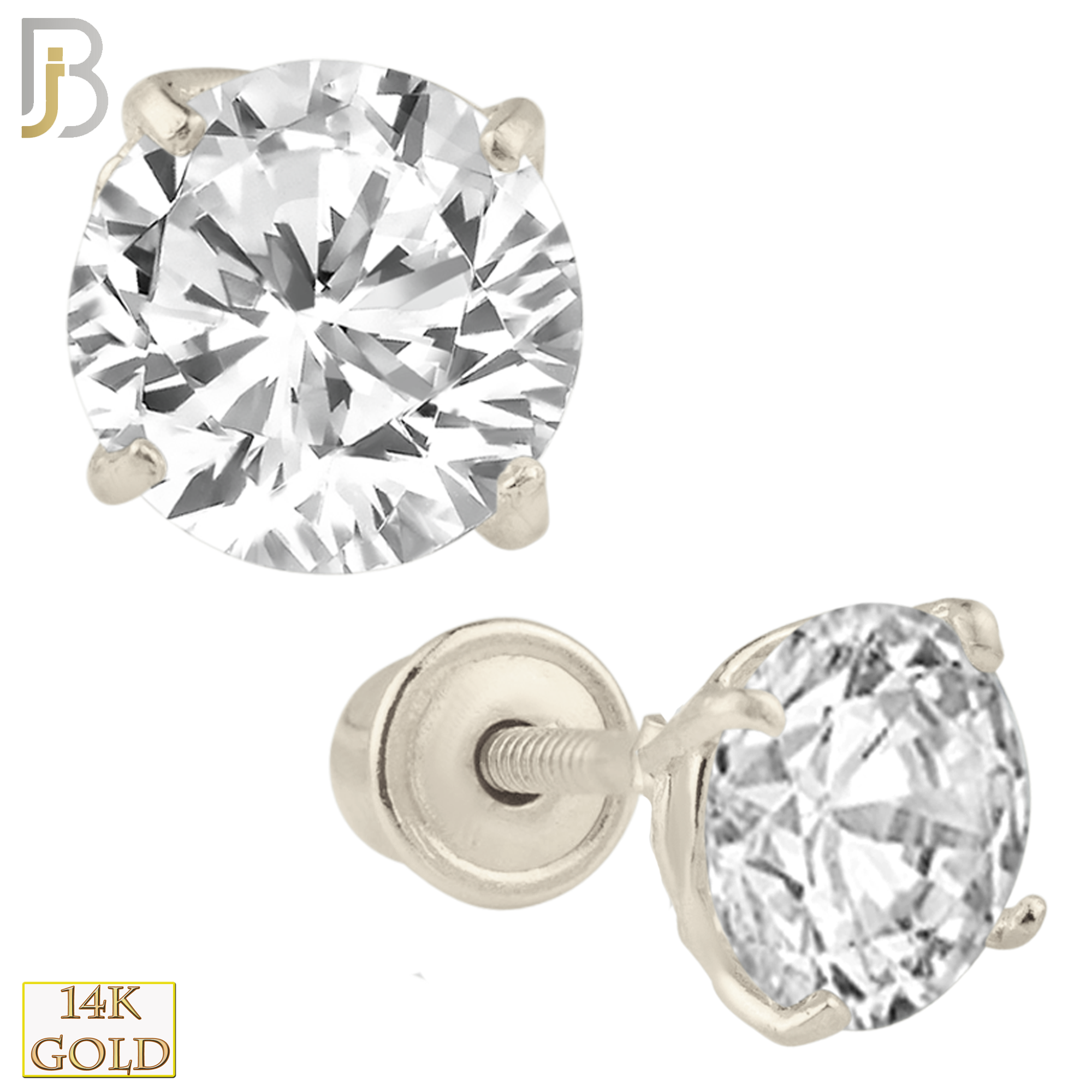 14-ES04RWC - 14k White Gold Screw Back Stud Earrings Casting Prong Setting with Round Clear  Zircon image 1
