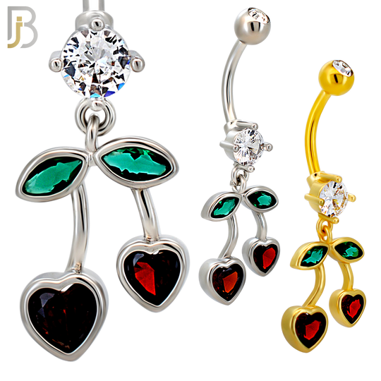 N0146 - 316L Surgical Steel Dangling Heart Cherry in Bezel Set Belly Ring image 0