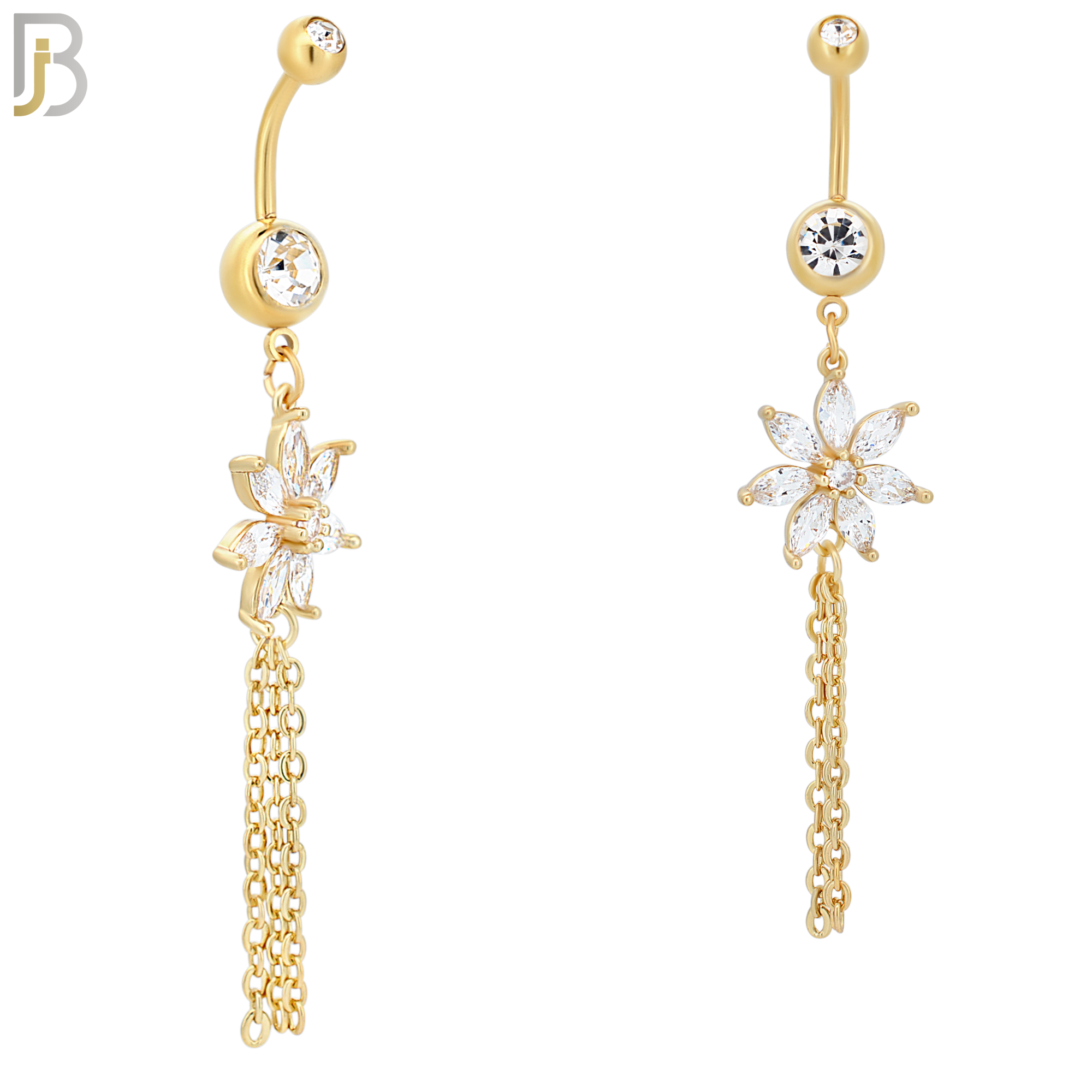 N065 - 316L Stainless Steel Dangling Flower with Chain Design Belly Ring with 5mm Screw Ball - Gold Plated image