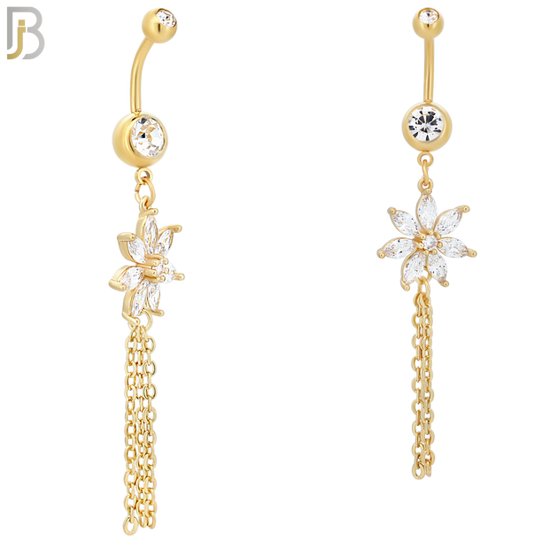 N065 - 316L Stainless Steel Dangling Flower with Chain Design Belly Ring with 5mm Screw Ball - Gold Plated image