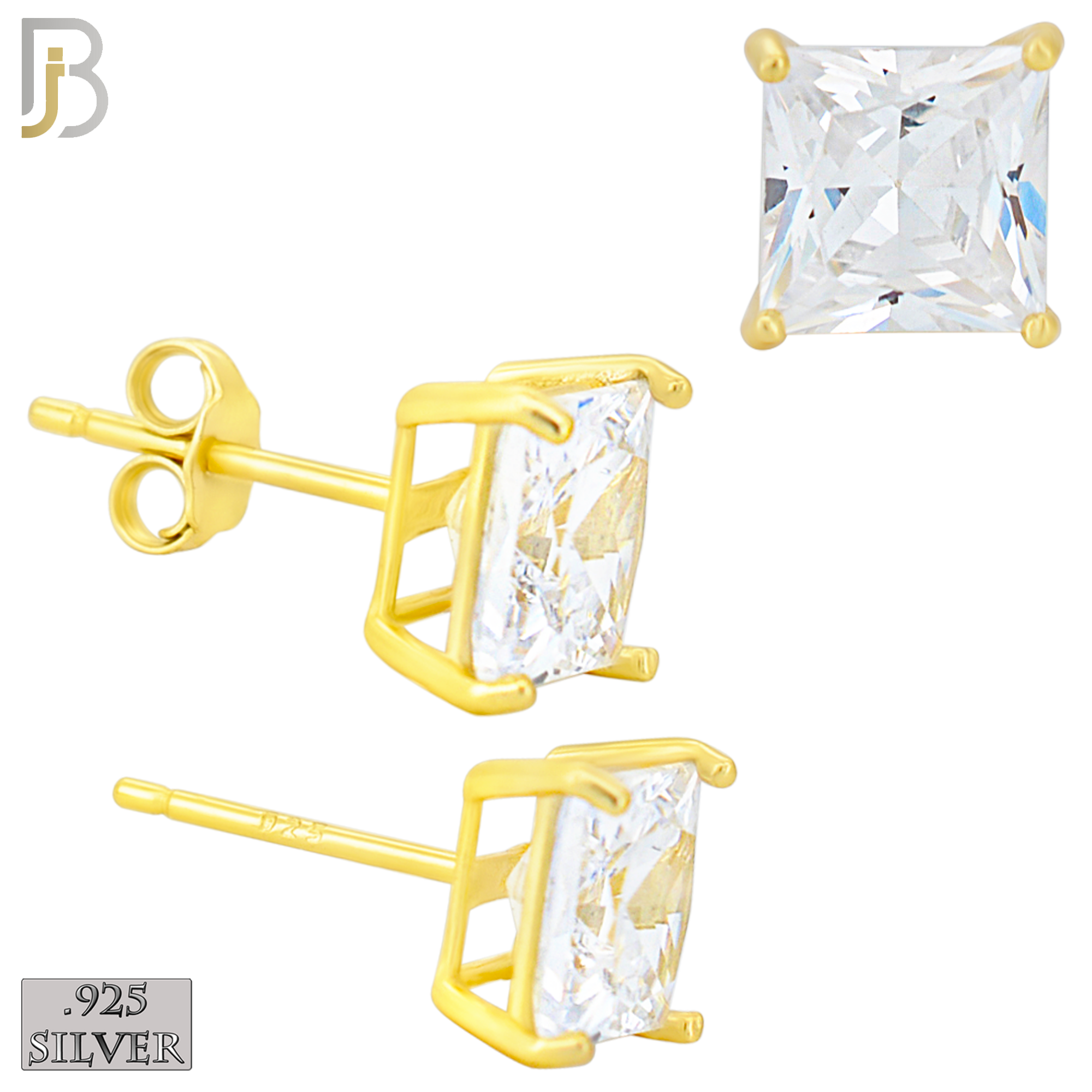 925-ES72-GC - .925 Sterling Silver Gold Plated Earring Stud Casting Square Princess Cut Prong Setting Clear Zircon image 6
