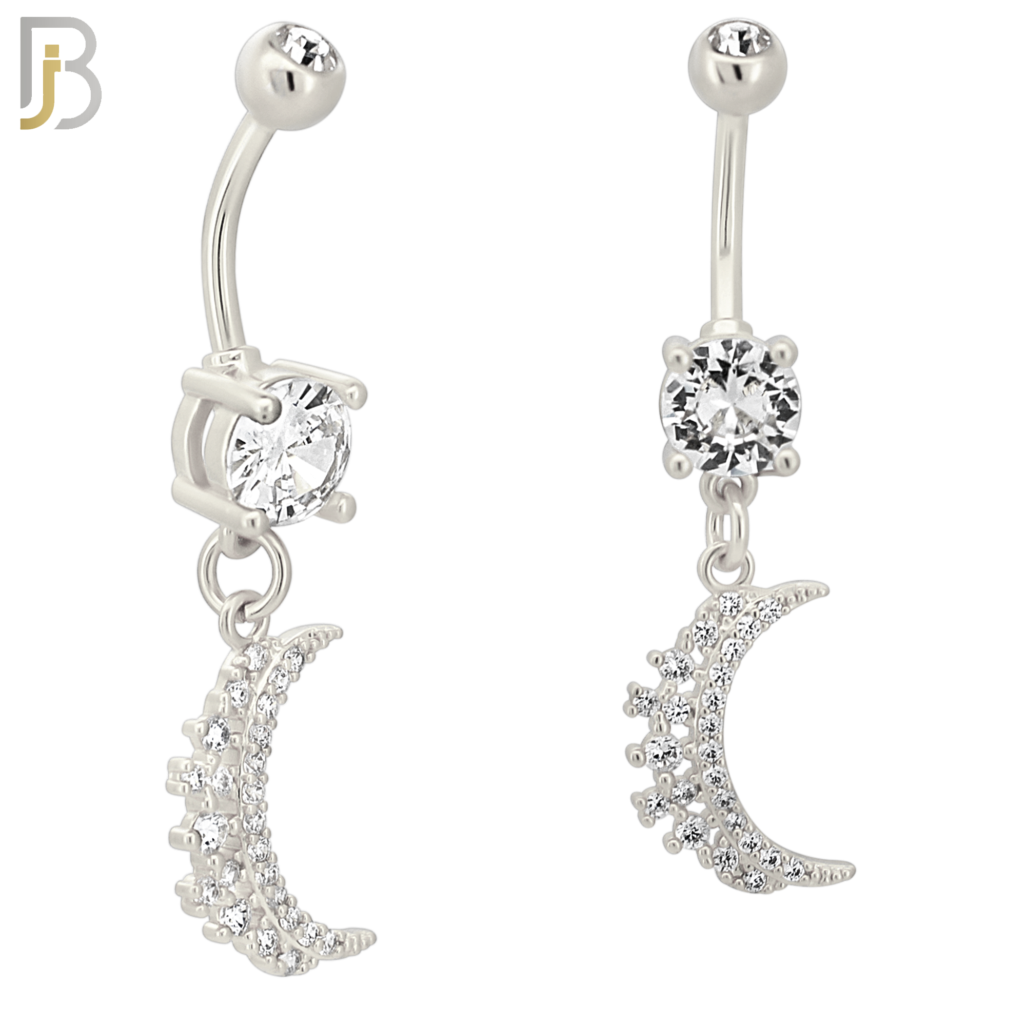 N037 - 316L Stainless Steel Dangling Crescent Moon  Zircon Design Belly Ring with 4mm Screw Ball image 1