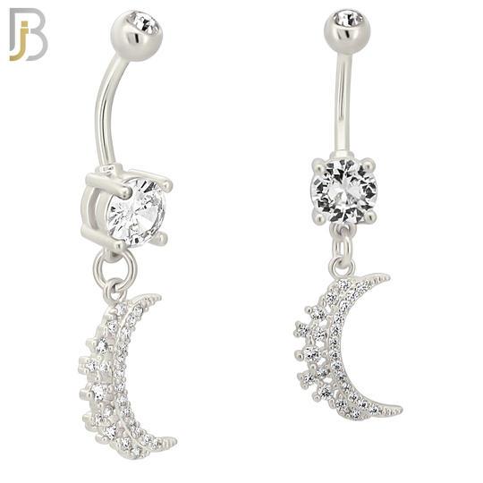 N037 - 316L Stainless Steel Dangling Crescent Moon  Zircon Design Belly Ring with 4mm Screw Ball image 1