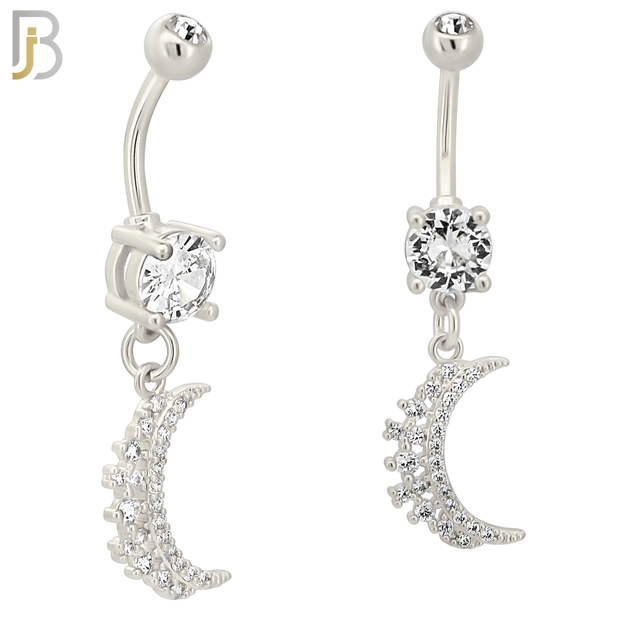 N037 - 316L Stainless Steel Dangling Crescent Moon  Zircon Design Belly Ring with 4mm Screw Ball image 1