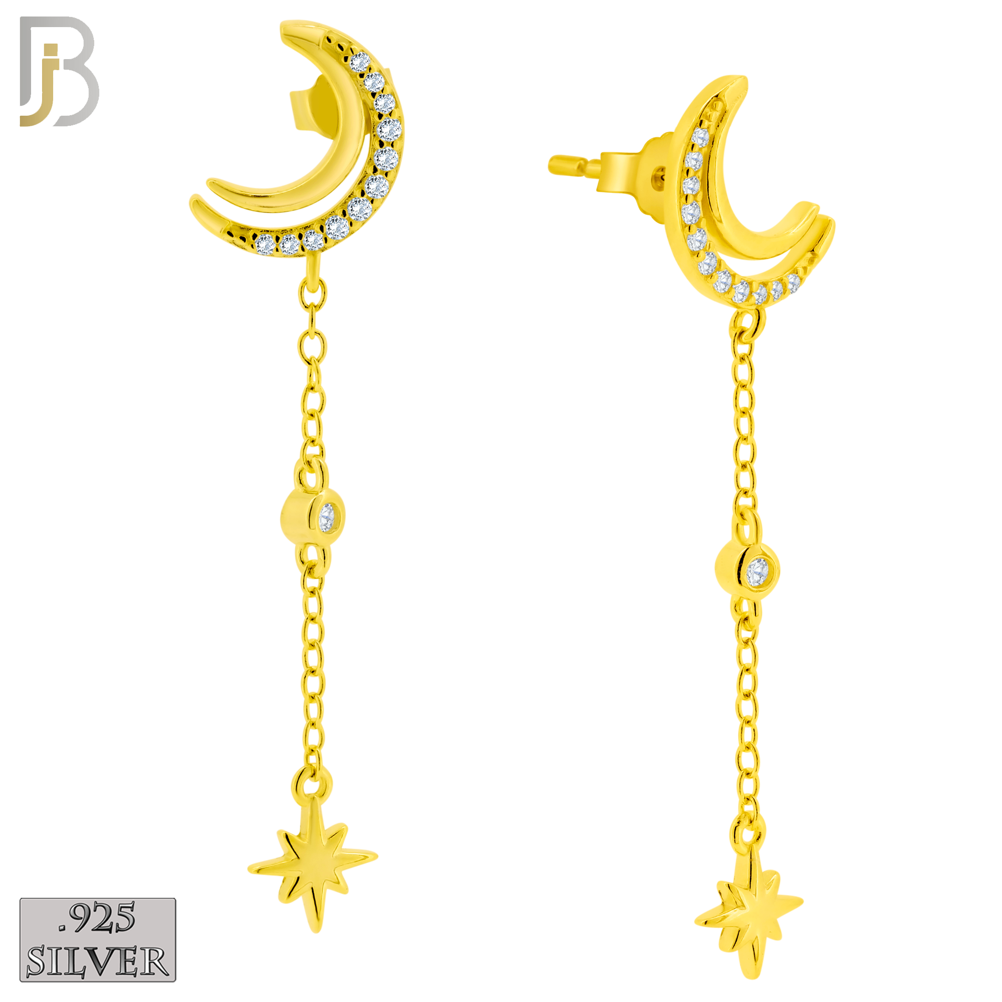 925-ES390 - .925 Sterling Silver Moon with Dangling Starburst Drop image 1