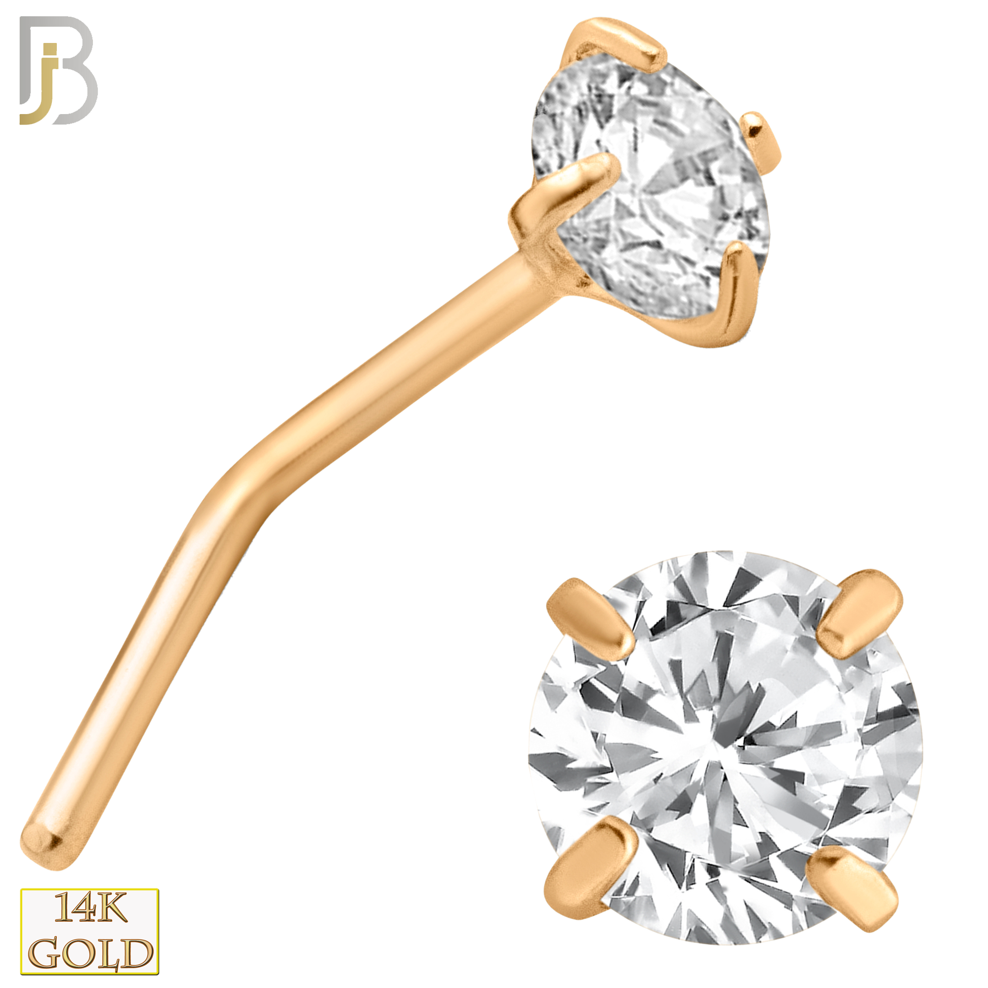 14-NR10CR-22 - 14k Solid Rose Gold 22g Prong Setting  Round Cubic Zircona L-Shape - 3.5mm image