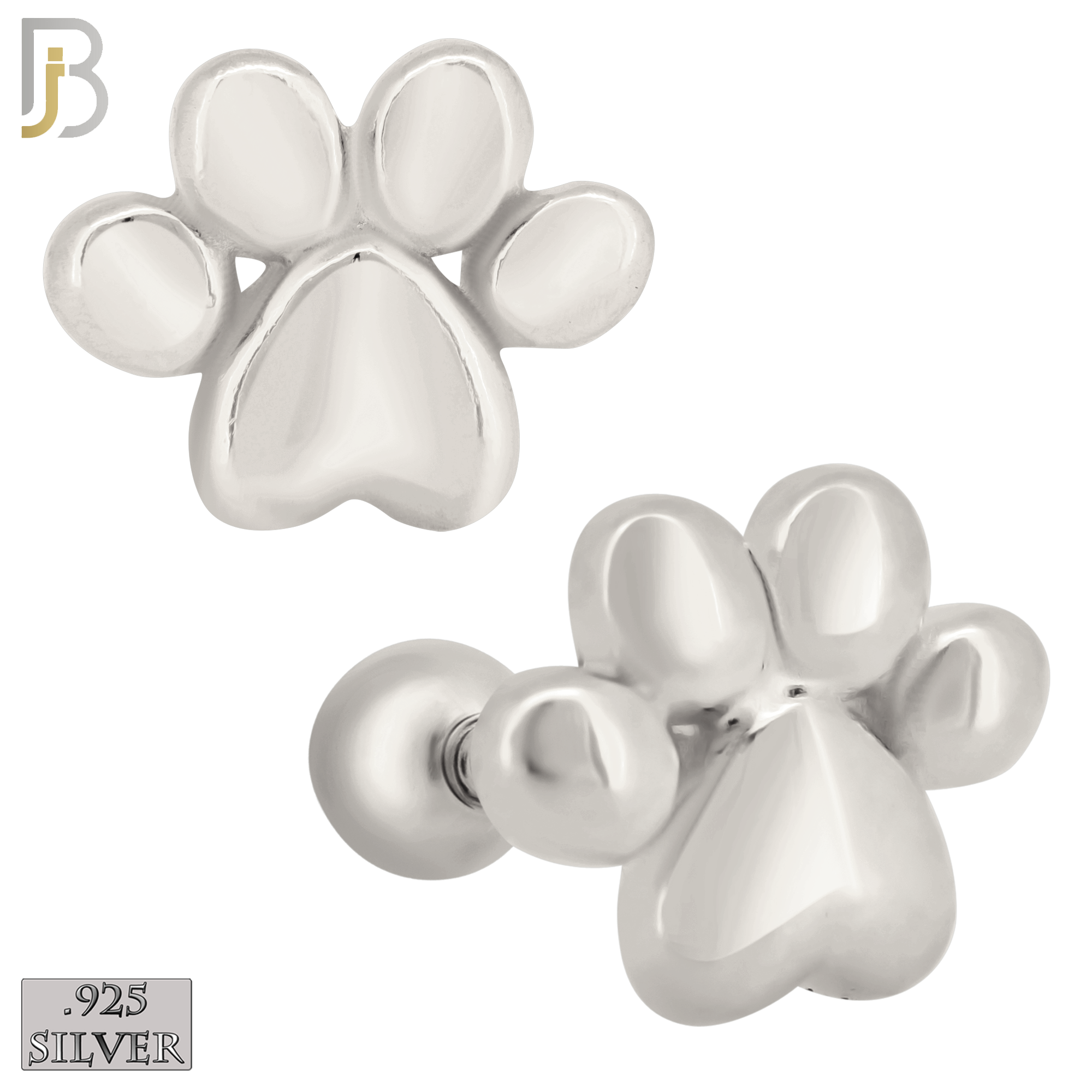 925-ES367 - Screw Ball Back - .925 Sterling Silver Plain Paw Print Stud Earrings image 2