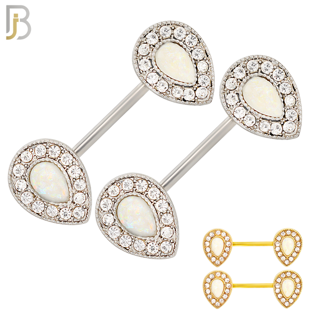 NP09 - 316L Surgical Steel Screw Teardrop Opal with Multi Zircon Nipple Ring Piercing image 0