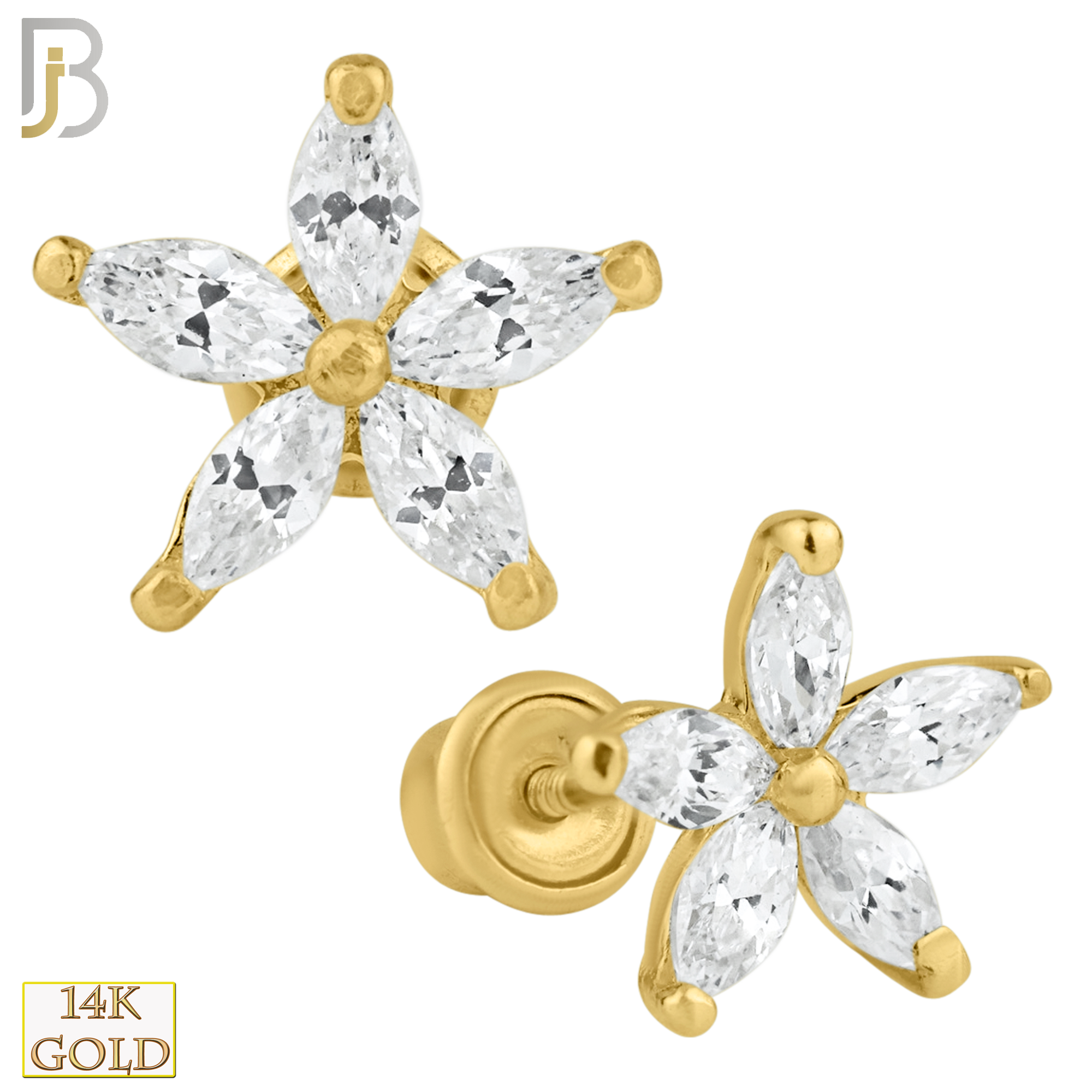 14-ES86 - 14k Solid Gold 5 Petal Flower with CZ Screw Back Stud Earring image 0