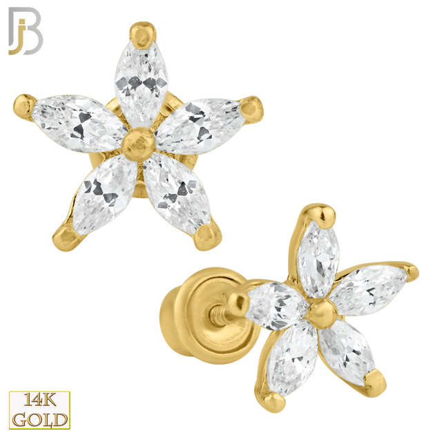 14-ES86 - 14k Solid Gold 5 Petal Flower with CZ Screw Back Stud Earring image 0